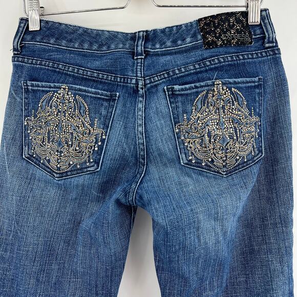 Express (6) Stella Bootcut Jeans (30x29) Shirt Dark Wash Low Rise Crystal Stud - Picture 5 of 13